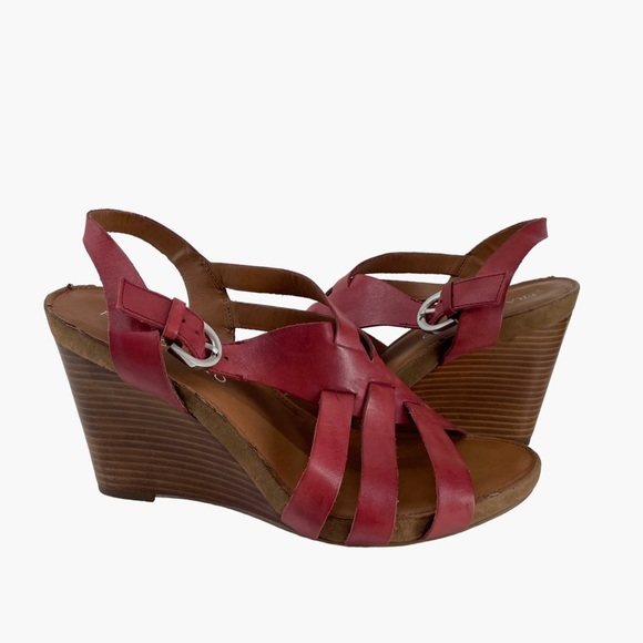 Franco Sarto Hanako Leather Red Maroon Wood Wedges‎ - Picture 2 of 11